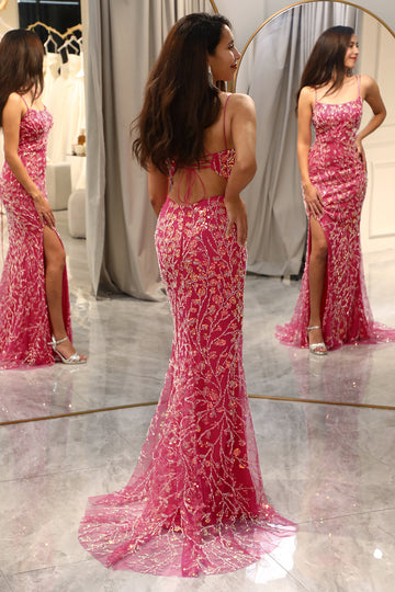 Hot Pink Beading Mermaid Prom Dress with Slit